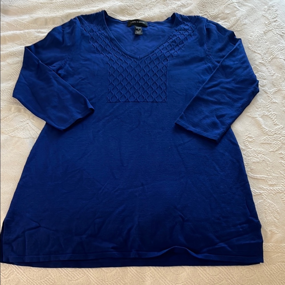 Women's Royal Blue V-Neck sweater tunic with intricate knit design on front